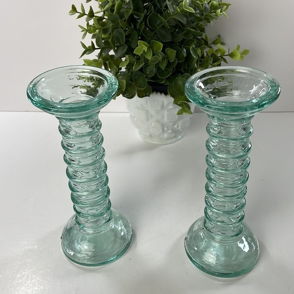 La Mediterranea Recycled Aqua Coloured Glass Candle Stick Holders Pair - Picture 2 of 12